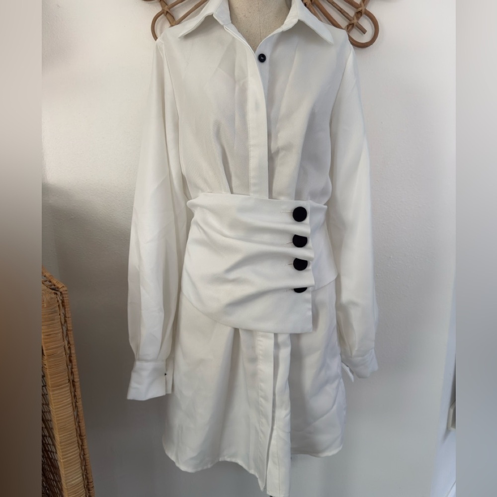 PrettyLittleThing White Long Sleeve Dress with Black Button Accents